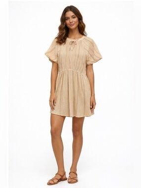 A NEW APPROACH Striped Pastel Yellow Tie Neck Cotton Gauze Mini Dress Size XL